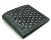 【牛革彫刻　２折財布】　組亀甲柄×ロンドンストライプ柄　ブリティッシュグリーン色