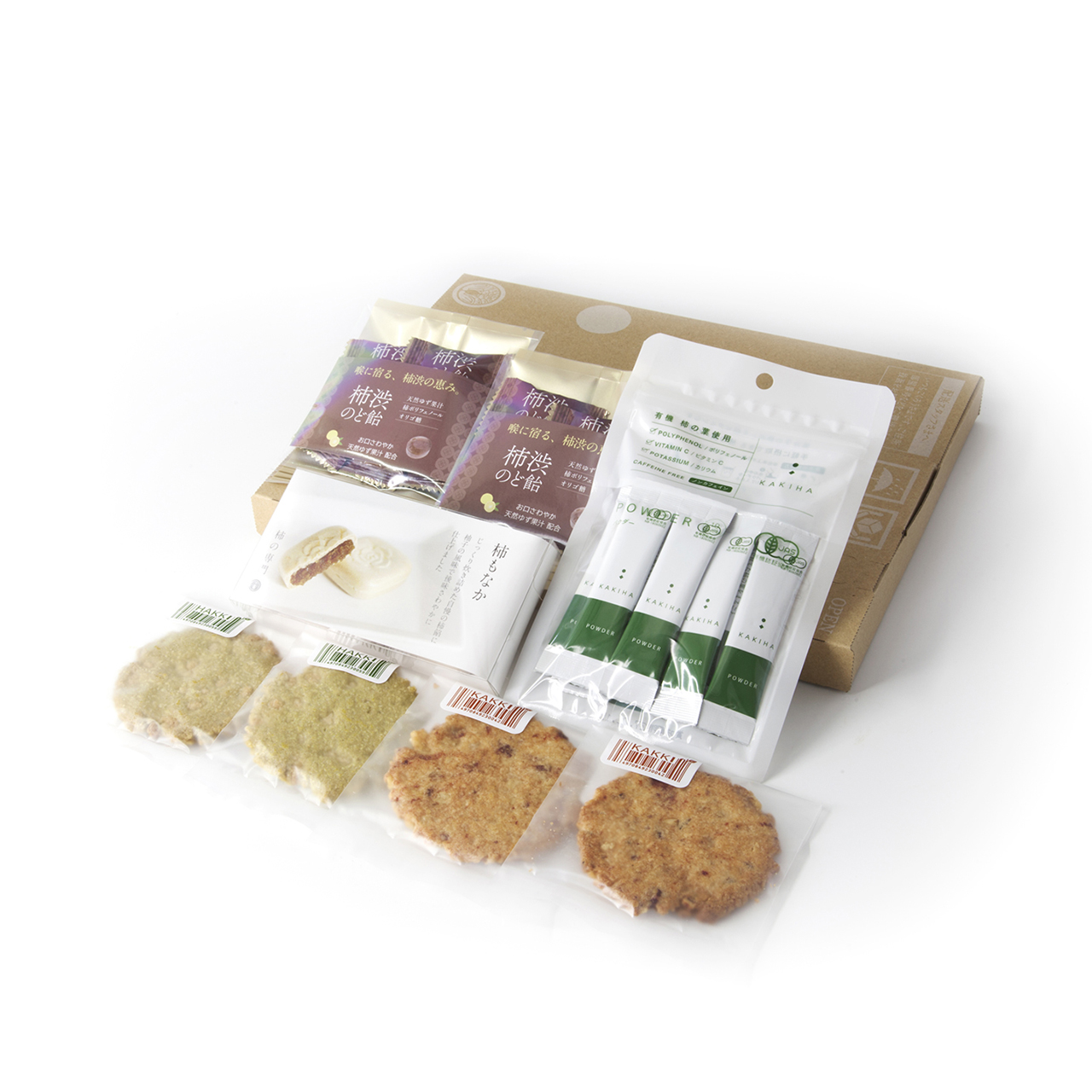 【送料無料】母の日ギフトAセット（柿もなか×2　カッキー×2　ハッキー×2 　柿渋のど飴（ゆず）×10　KAKIHAパウダー×10）クリックポスト便