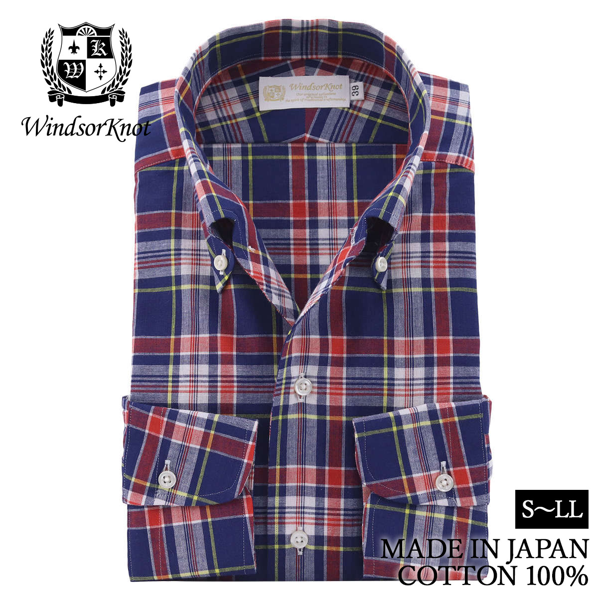 マドラスチェック ボタンダウン ワンピースカラー ネイビー 日本製 綿100% イタリアンカラー ドレスシャツ