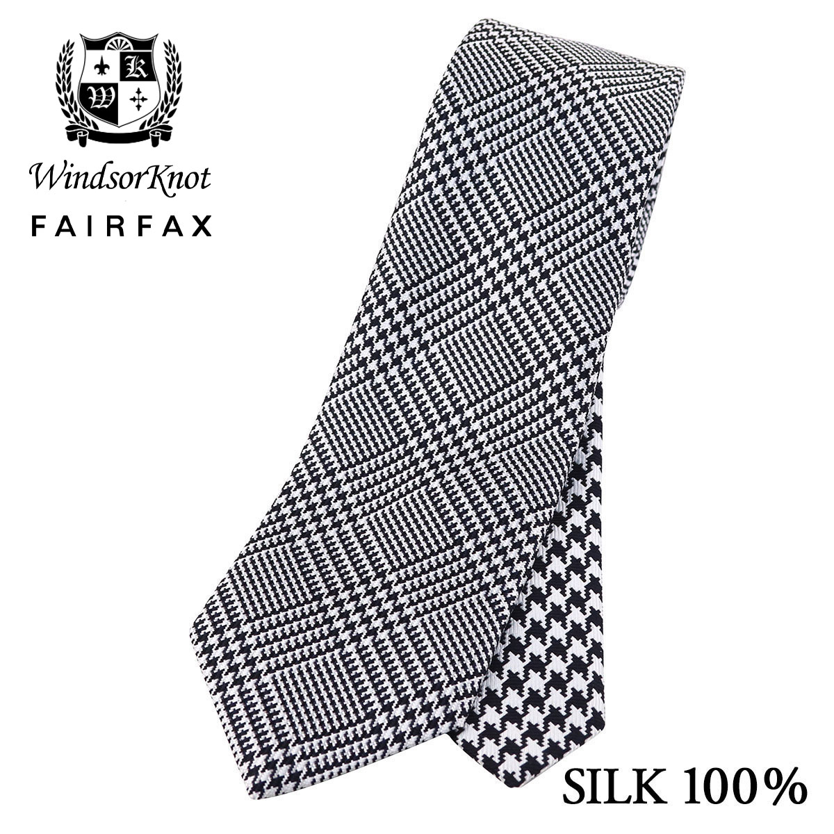 FAIRFAX × Windsorknot グレンチェック×千鳥格子 クレリックタイ モノトーン シルク100% 日本製 ネクタイ
