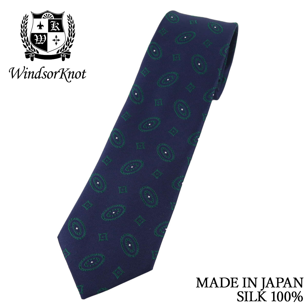 レトロ小紋 ネクタイ ネイビー×グリーン シルク100% 日本製