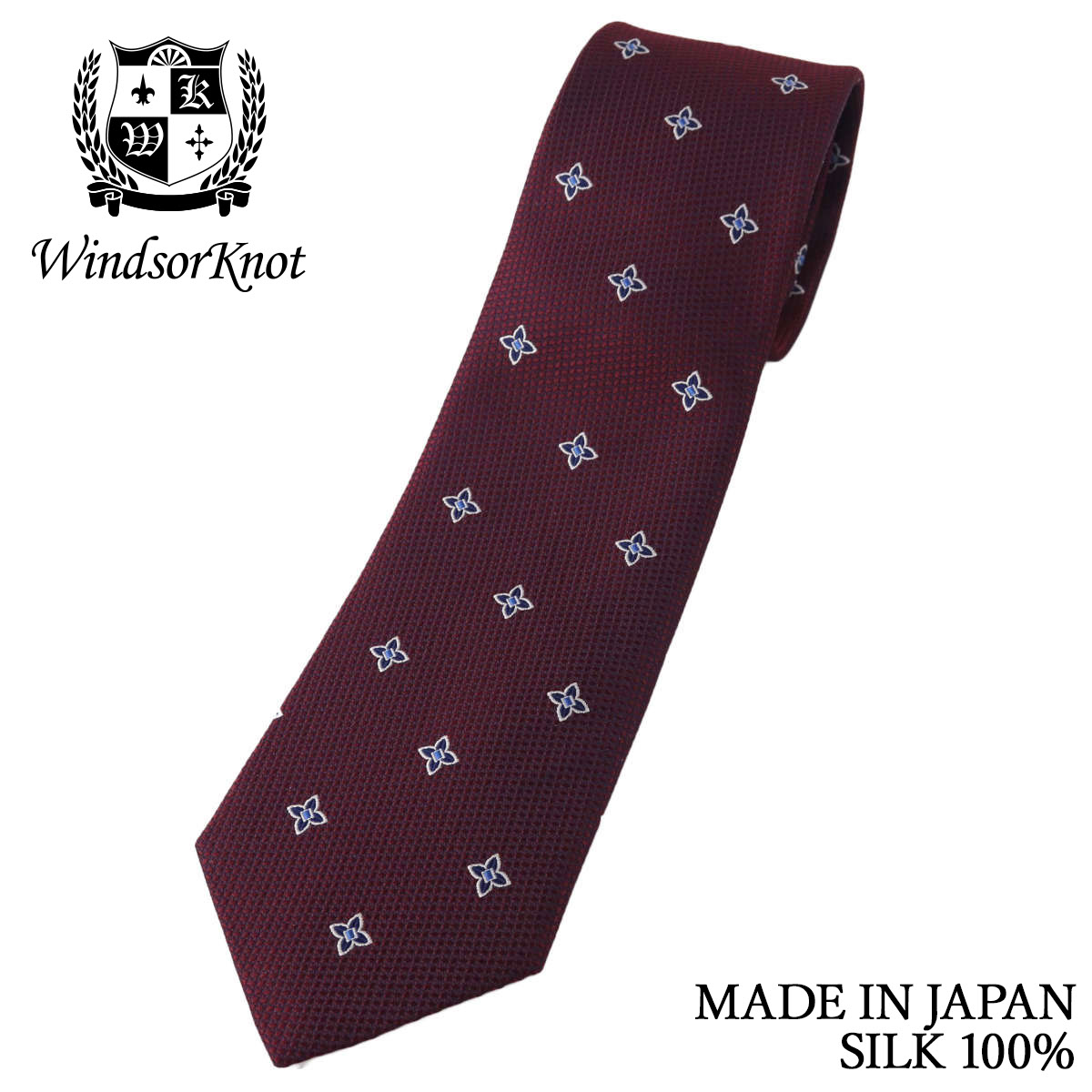 レトロ 花柄小紋 ネクタイ レッド系 ガーネット シルク100% 日本製