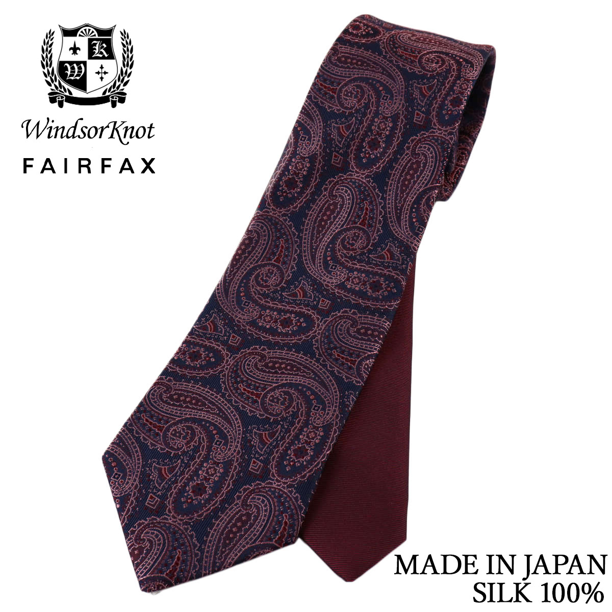 FAIRFAX × Windsorknot 創業50周年記念 コラボ ペイズリー×ツイル無地 クレリックタイ ネイビー×ワイン 京都丹後生地 シルク100% 日本製
