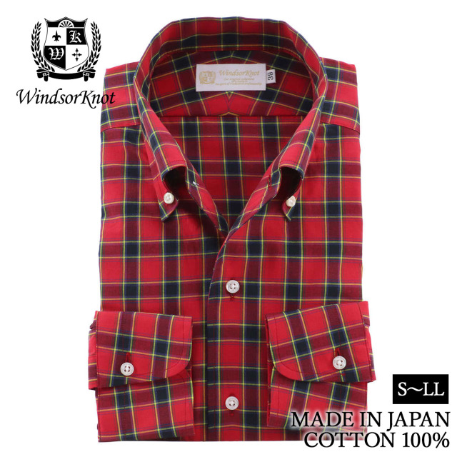 ワンピースカラー ボタンダウン タータンチェック レッド 日本製 綿100% 長袖 ドレスシャツ