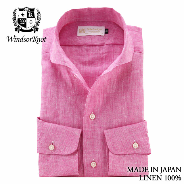 リネン ハーフムーンラウンド ワンピースカラー ローズピンク無地 日本製 麻100% 長袖 ドレスシャツ