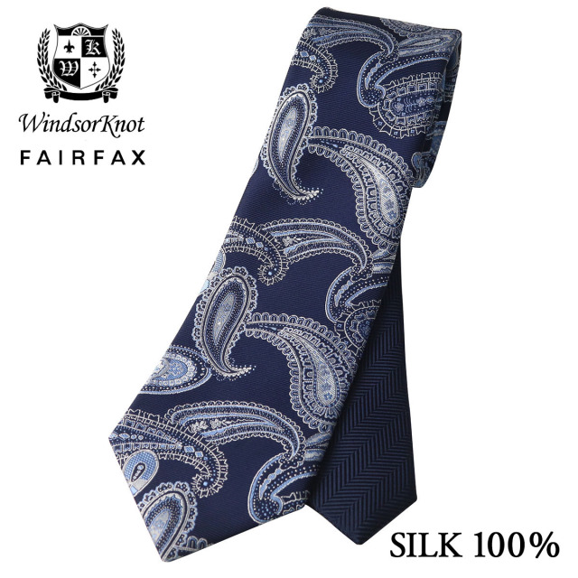 FAIRFAX × Windsorknot ペイズリー×ヘリンボーン無地 クレリックタイ ネイビー 京都丹後生地 シルク100% 日本製 ジャガード ネクタイ