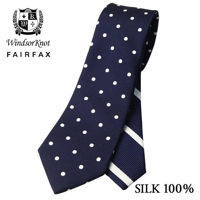 FAIRFAX × Windsorknot ドット×ストライプ クレリックタイ ネイビー 京都丹後生地 シルク100% 日本製 水玉 レップ ネクタイ