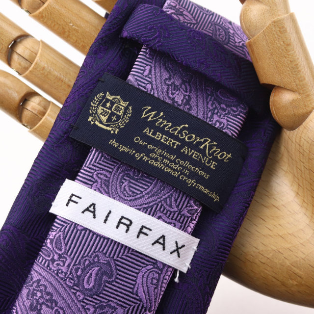 ウィンザーノット フェアファクス FAIRFAX ペイズリー無地 濃淡クレリックタイ パープル シルク100% 日本製 ネクタイ