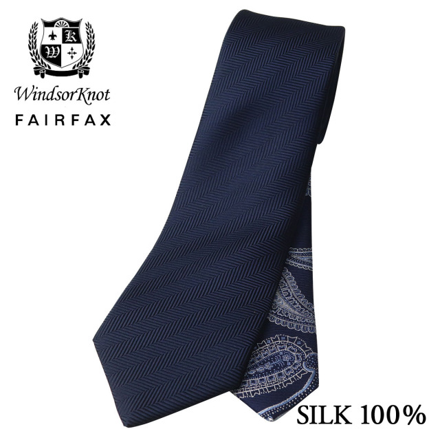 FAIRFAX × Windsorknot ヘリンボーン無地×ペイズリー クレリックタイ ネイビー 京都丹後生地 シルク100% 日本製 ソリッド ネクタイ