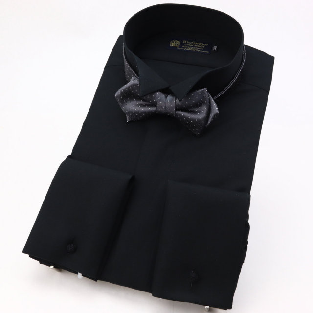 ウィンザーノット ウィングカラー フライフロント ダブルカフス ドレスシャツ ブラック ブロード 綿100% 日本製 スリム