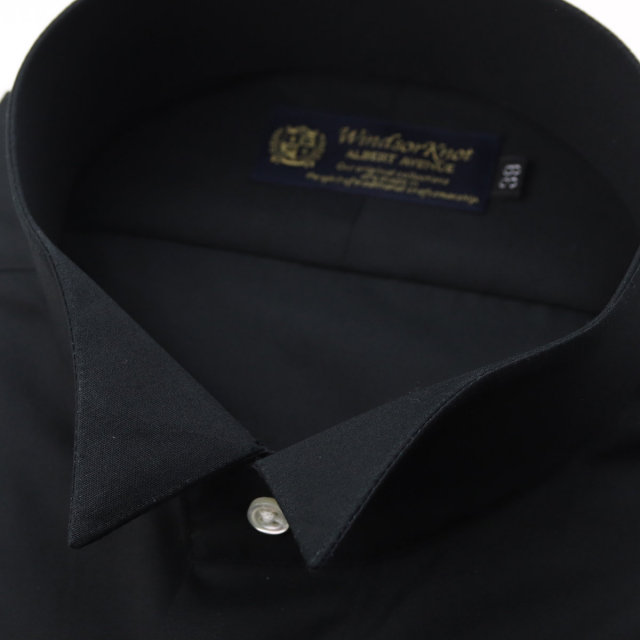ウィンザーノット ウィングカラー フライフロント ダブルカフス ドレスシャツ ブラック ブロード 綿100% 日本製 スリム