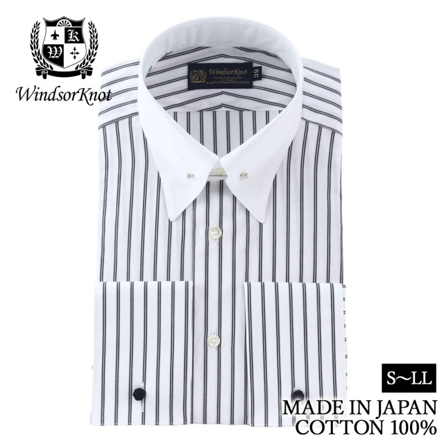 ピンホールカラー クレリック ダブルカフス ブラック&グレー レールストライプ ドレスシャツ 綿100% 日本製