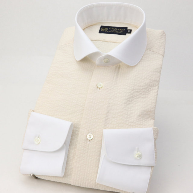 ウィンザーノット シアサッカー クレリック ドレスシャツ ラウンドカラー ベージュ 無地 スリム ワイシャツ 日本製 綿100%
