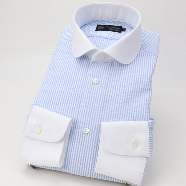 ウィンザーノット シアサッカー クレリック ドレスシャツ ラウンドカラー ブルー ストライプ スリム 日本製 綿100%