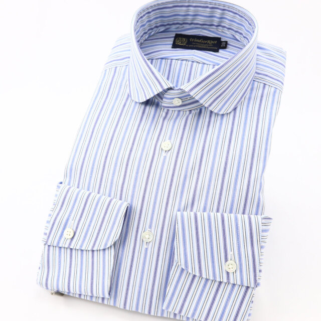 美品 ラウンジドレス シワ加工 コットストライプシャツ ノットデザイン ブルー ドレスシャツ ラウンド タブカラー 長袖 ワイシャツ クレリック