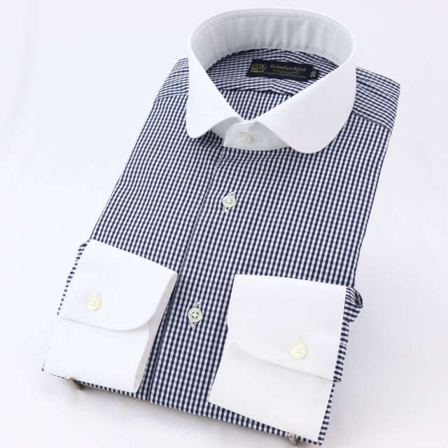 ドレスシャツ ワイシャツ ラウンドカラー クレリック ネイビー 紺 白  