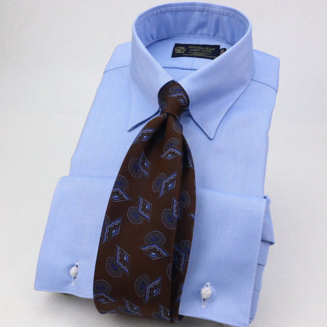 ウィンザーノット タブカラー ダブルカフス ブルー ヘリンボーン イージーケア 綿100% 日本製 スリム ドレスシャツ