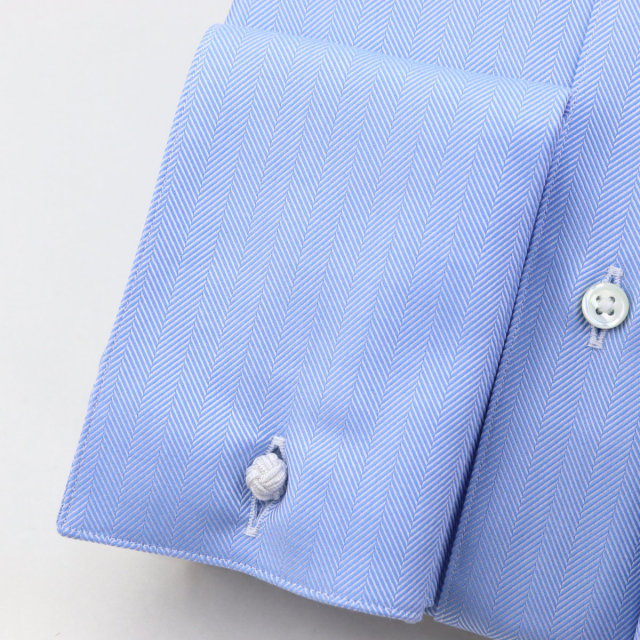 ウィンザーノット タブカラー ダブルカフス ブルー ヘリンボーン イージーケア 綿100% 日本製 スリム ドレスシャツ