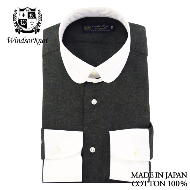 ラウンドタブカラー クレリック 起毛素材 グリーン ドレスシャツ コットンビエラ 綿100% 日本製 長袖