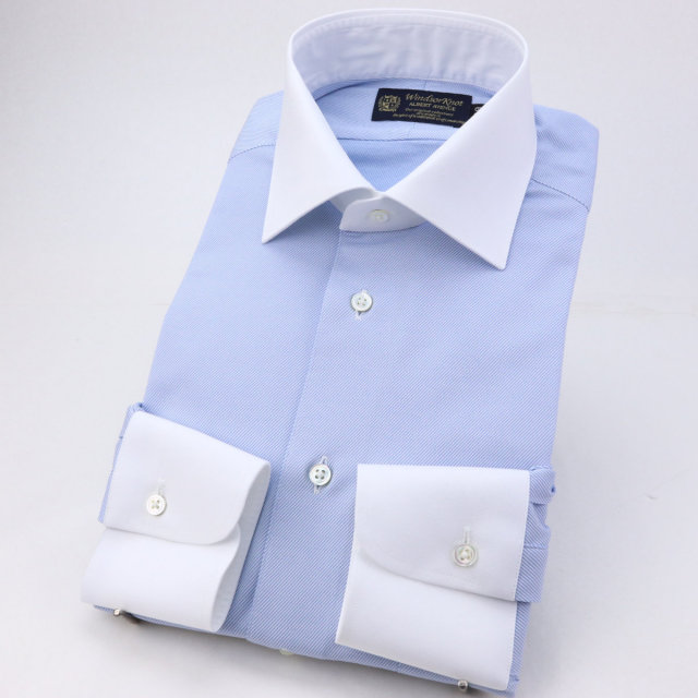 ウィンザーノット ニット×布帛 ハイブリッド ニットシャツ ワイド クレリック ブルー×白 ストレッチ 機能素材 ドレスシャツ