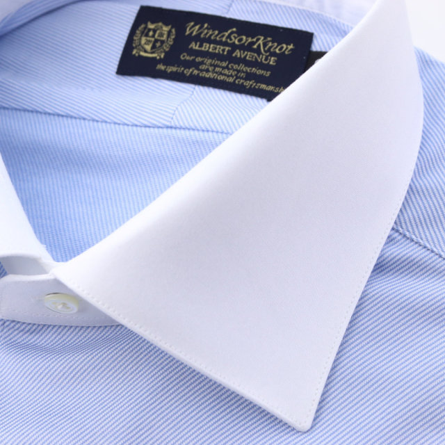 ウィンザーノット ニット×布帛 ハイブリッド ニットシャツ ワイド クレリック ブルー×白 ストレッチ 機能素材 ドレスシャツ
