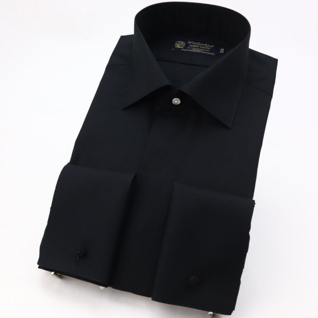 ウィンザーノット ワイドカラー フライフロント ダブルカフス ドレスシャツ ブラック ブロード 綿100% 日本製 スリム