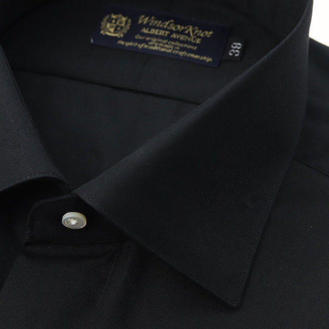 ウィンザーノット ワイドカラー フライフロント ダブルカフス ドレスシャツ ブラック ブロード 綿100% 日本製 スリム