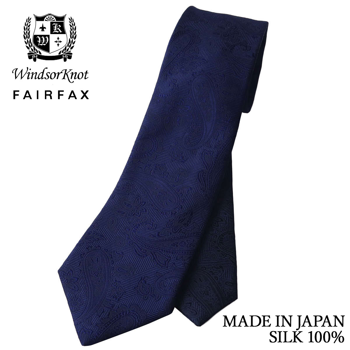 FAIRFAX × Windsorknot ペイズリー織無地 濃淡クレリック 明るいネイビー シルク100% 日本製 ネクタイ