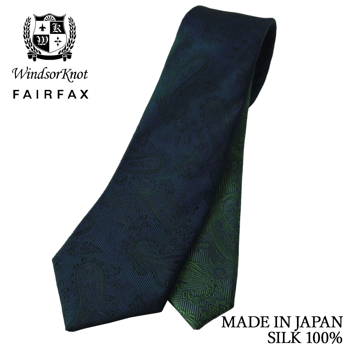 FAIRFAX × Windsorknot ペイズリー織無地 濃淡クレリック ダークグリーン シルク100% 日本製 ネクタイ