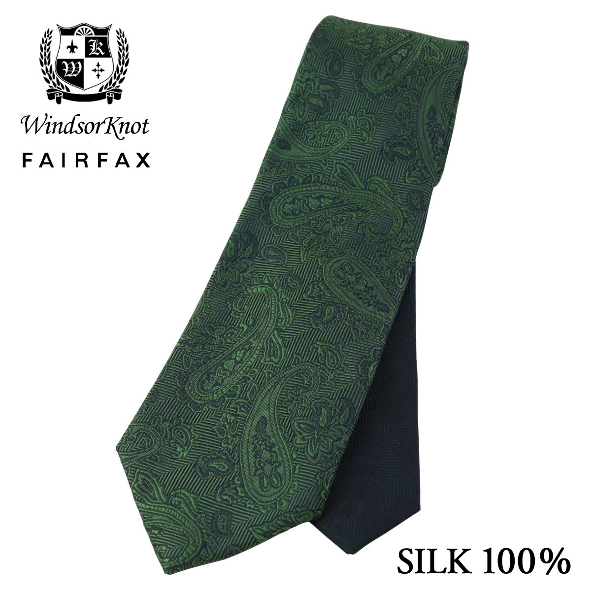FAIRFAX × Windsorknot ペイズリー織無地 濃淡クレリックタイ グラスグリーン シルク100% 日本製 ネクタイ