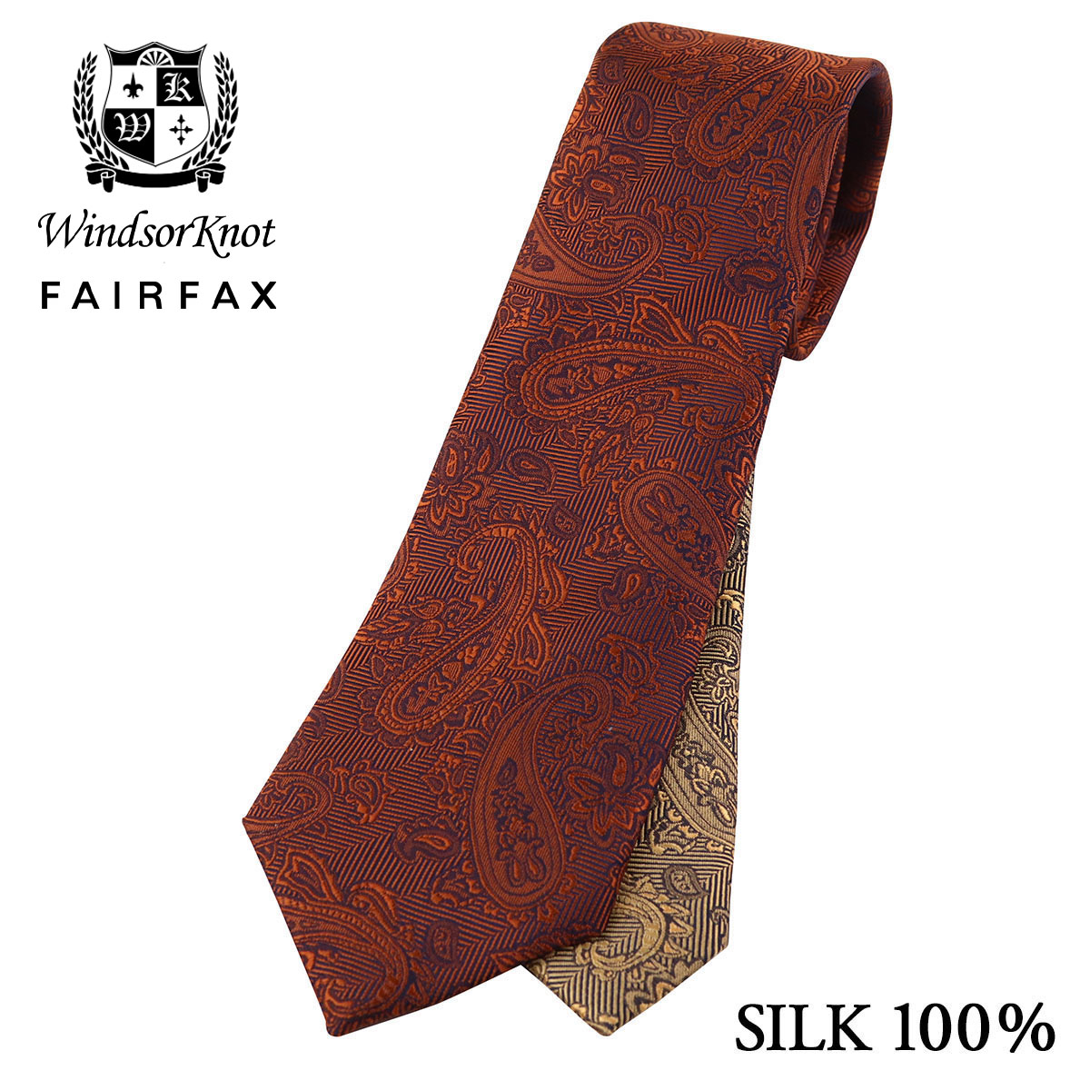 FAIRFAX × Windsorknot ペイズリー織無地 濃淡クレリック オレンジ シルク100% 日本製 ネクタイ ソリッド
