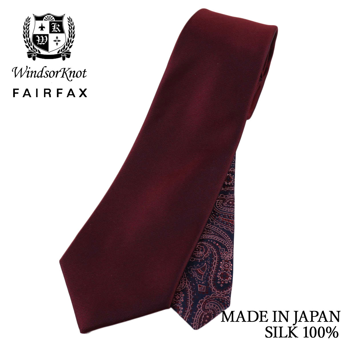 FAIRFAX × Windsorknot 創業50周年記念 コラボ ツイル無地×ペイズリー クレリックタイ ワインレッド 京都丹後生地 シルク100% 日本製