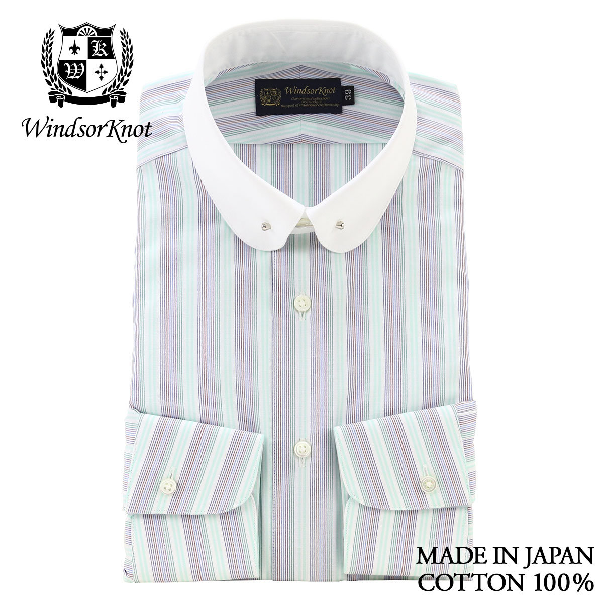 ラウンドピンホールカラー クレリック グリーン マルチカラーストライプ ドレスシャツ 綿100% 日本製