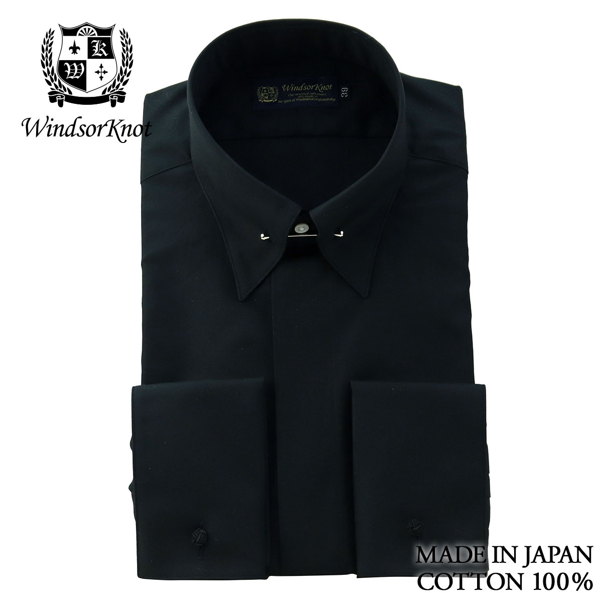 ピンホールカラーフライフロント ダブルカフス ブラック ブロード ドレスシャツ 日本製 綿100% 長袖