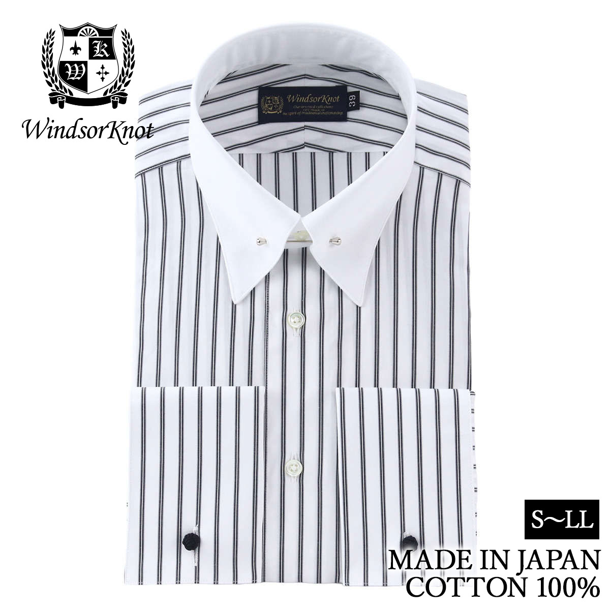 ピンホールカラー クレリック ダブルカフス ブラック＆グレー レールストライプ ドレスシャツ 綿100% 日本製