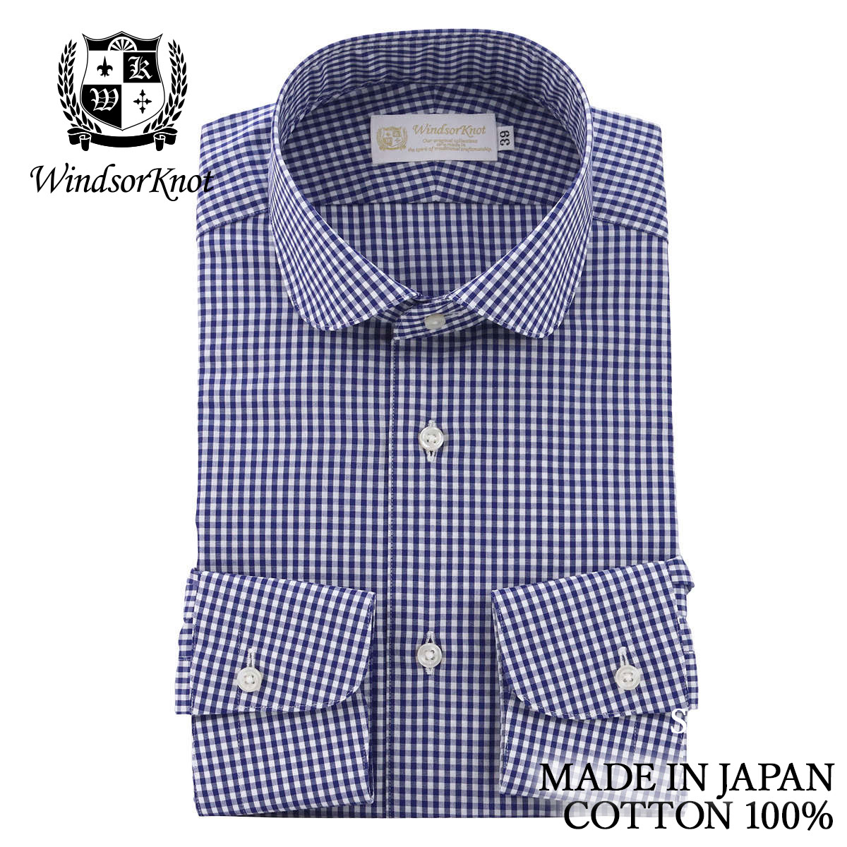 ラウンドカラー ネイビー×白 ギンガムチェック 綿100% 日本製 ドレスシャツ