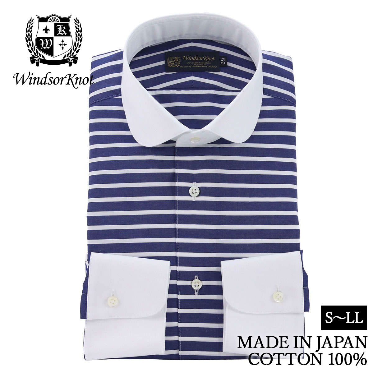 ラウンドカラー クレリック ボーダー ネイビー×ホワイト 120番手双糸 綿100% 日本製 ドレスシャツ