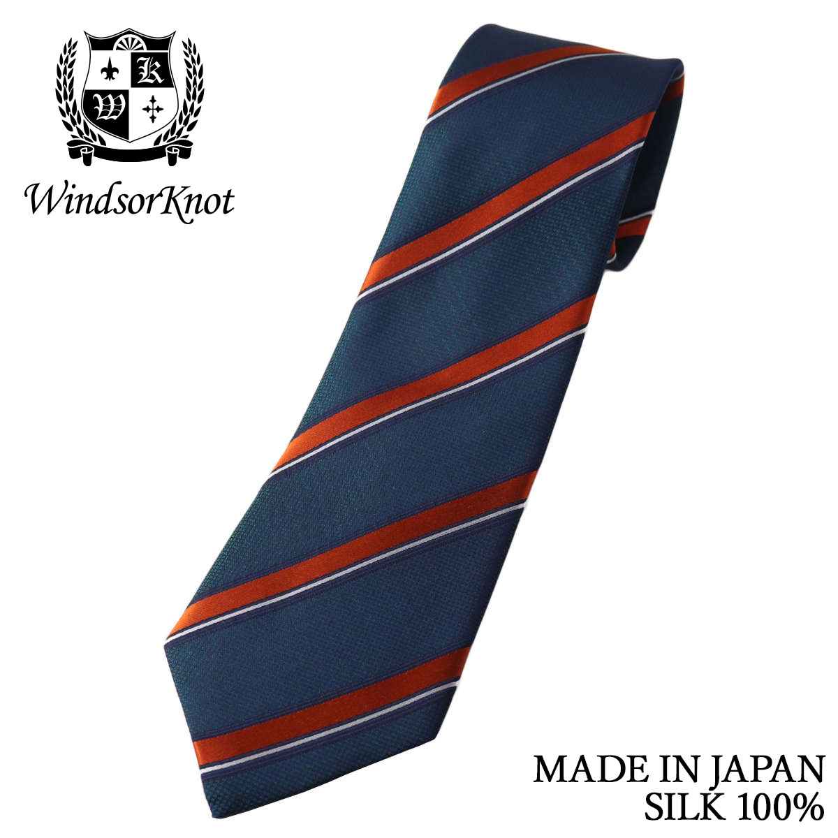 ストライプ ネクタイ ボトルグリーン×オレンジ シルク100% 日本製