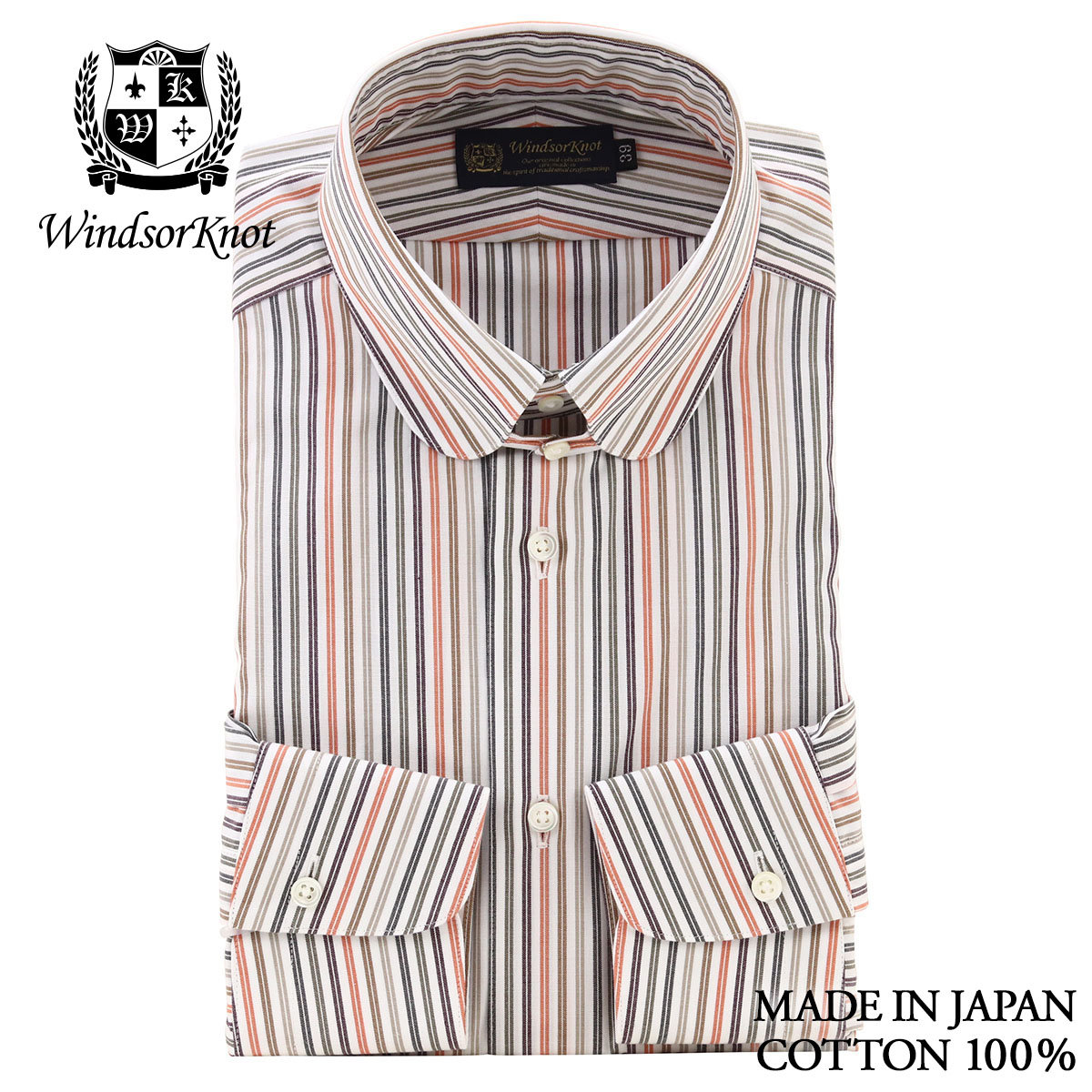 ドレスシャツ ラウンド タブカラー 長袖 オレンジ マルチ ストライプ