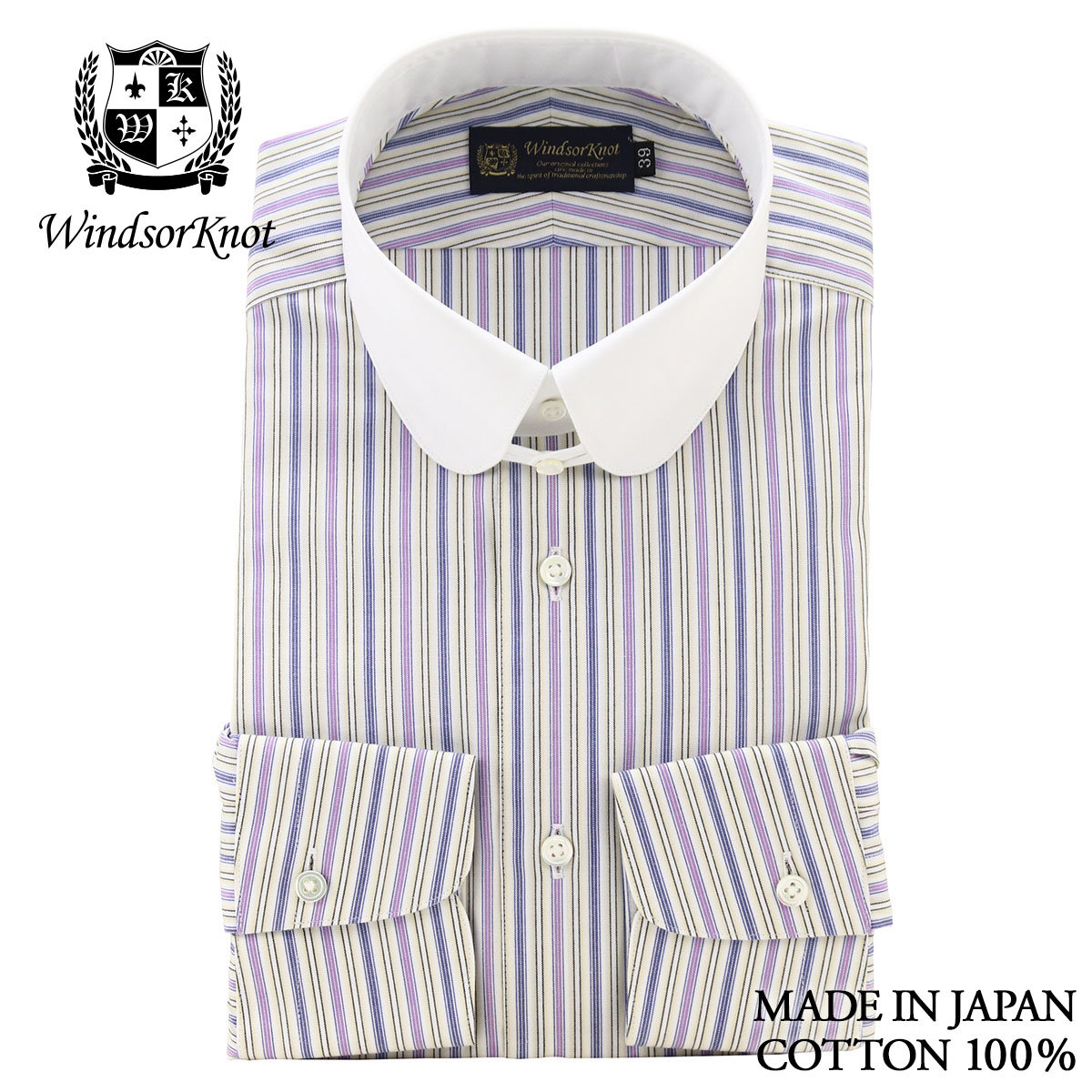 アウトレット ラウンドタブカラー クレリック イエロー マルチカラーストライプ ドレスシャツ 綿100% 日本製 長袖