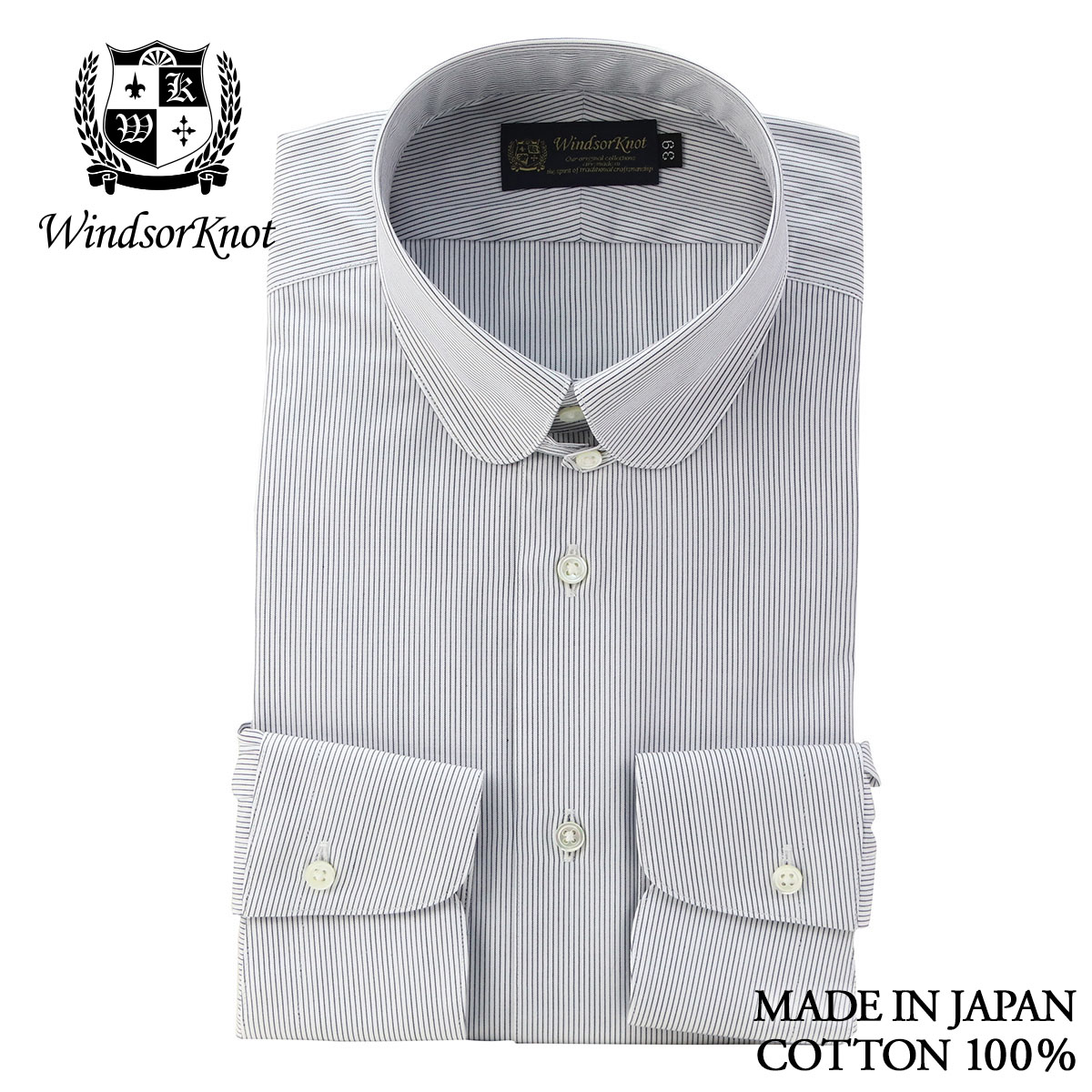 ラウンド タブカラー ネイビー ピンストライプ 長袖 ドレスシャツ 綿100% 日本製