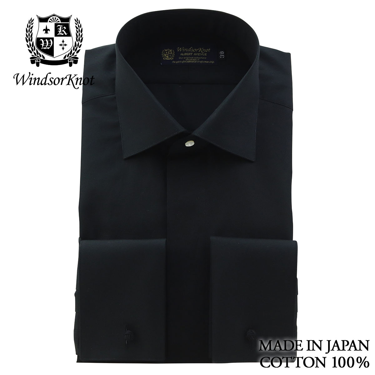 ウィンザーノット ワイドカラー フライフロント ダブルカフス ドレスシャツ ブラック ブロード 綿100% 日本製 スリム