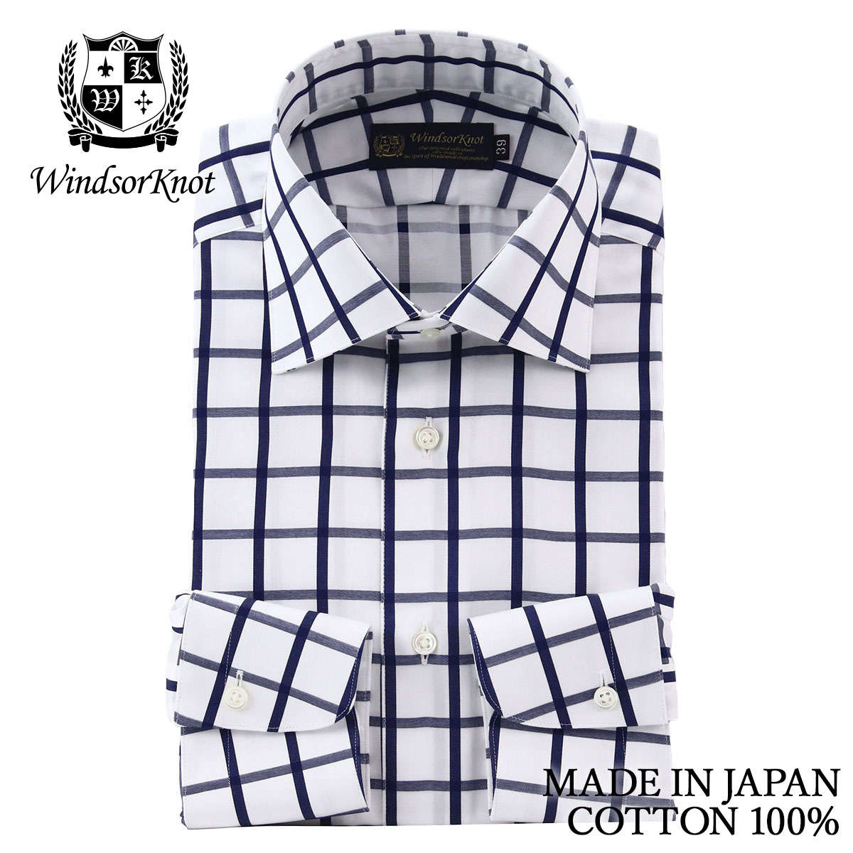 ワイドカラー ネイビー ウィンドウペン ドレスシャツ 綿100% 日本製