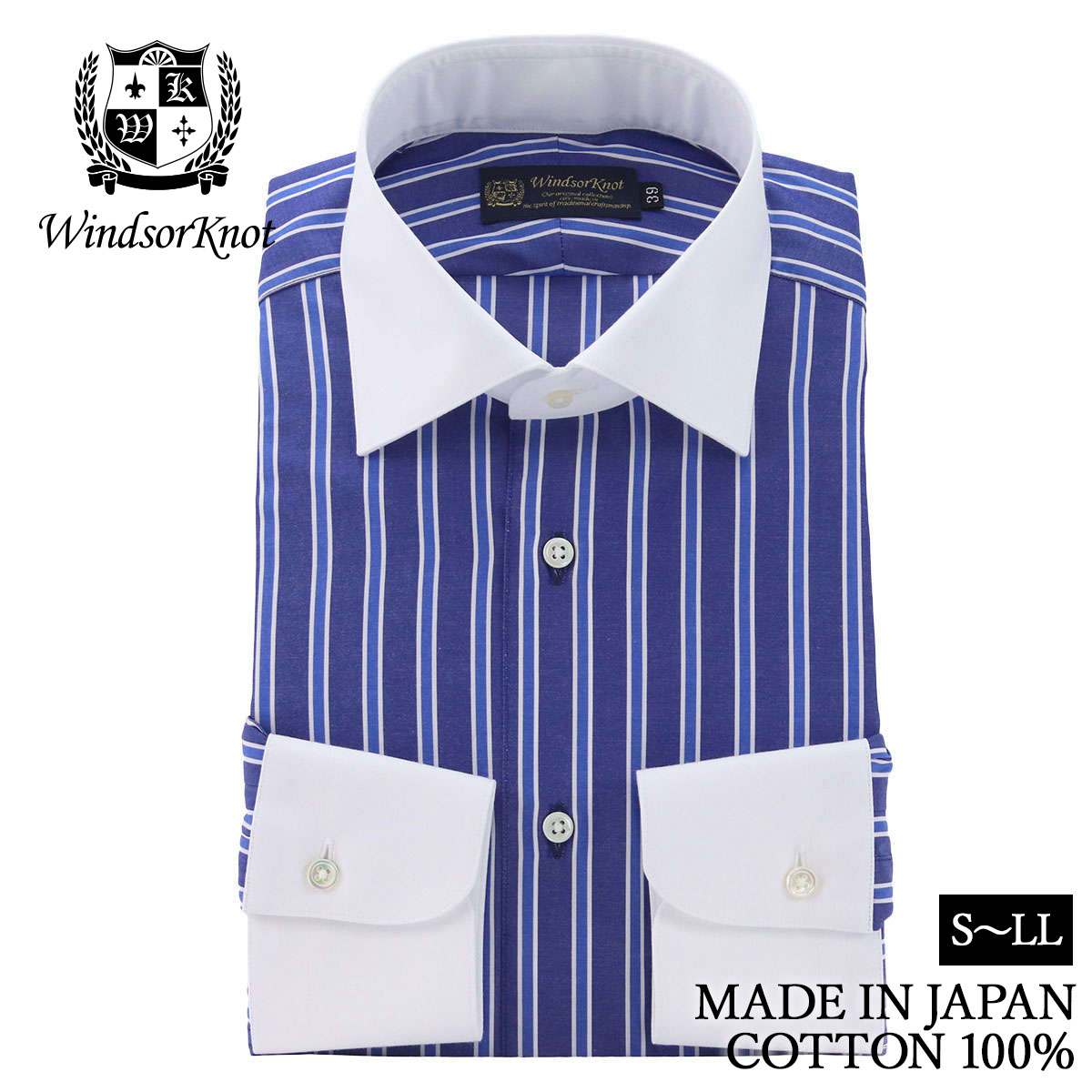 ワイドカラー クレリック 地付きストライプ ネイビー 100番手双糸 綿100% 日本製 ドレスシャツ