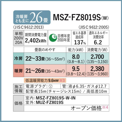 MSZ-FZV8019S(W) 三菱電機 FZシリーズ 壁掛形 26畳程度
