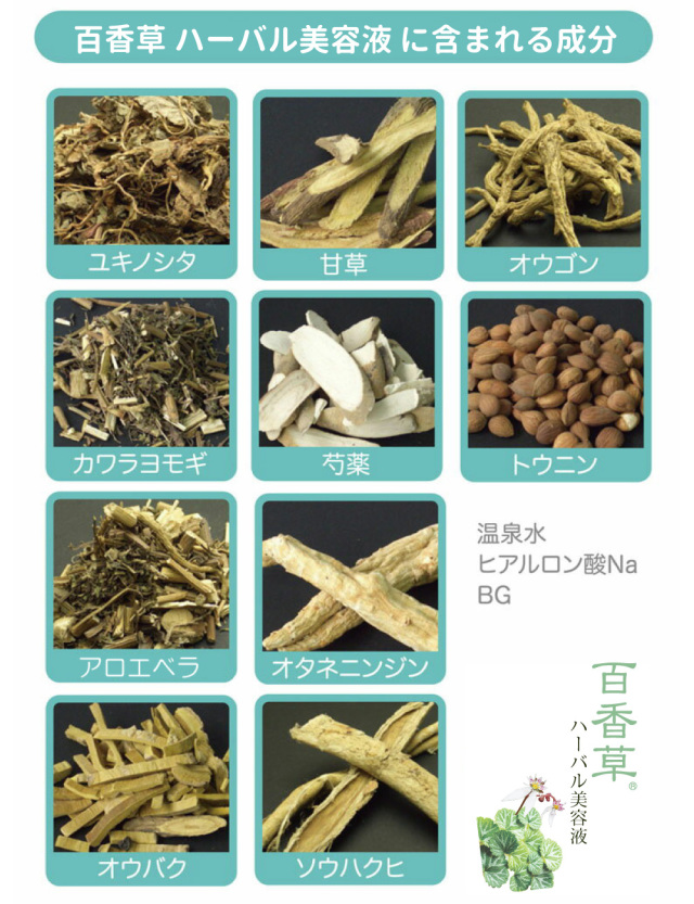百香草ハーバル美容液50mlに含まれる全成分。天然ヒアルロン酸、ユキノシタ、天然ミネラル温泉水