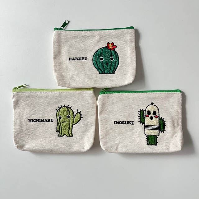 春日井サボテンサガラ刺繍ポーチ 春代 / 日丸 / 井之介 3種