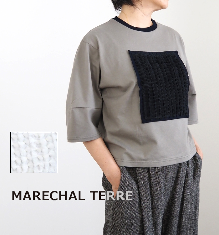 MARECHAL TERRE マルシャルテル リボンジャガード Tシャツ 7分袖 コクーン袖 