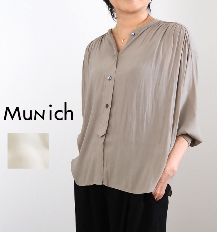 Munich ミューニック リブカフス バンドカラーブラウス レディース