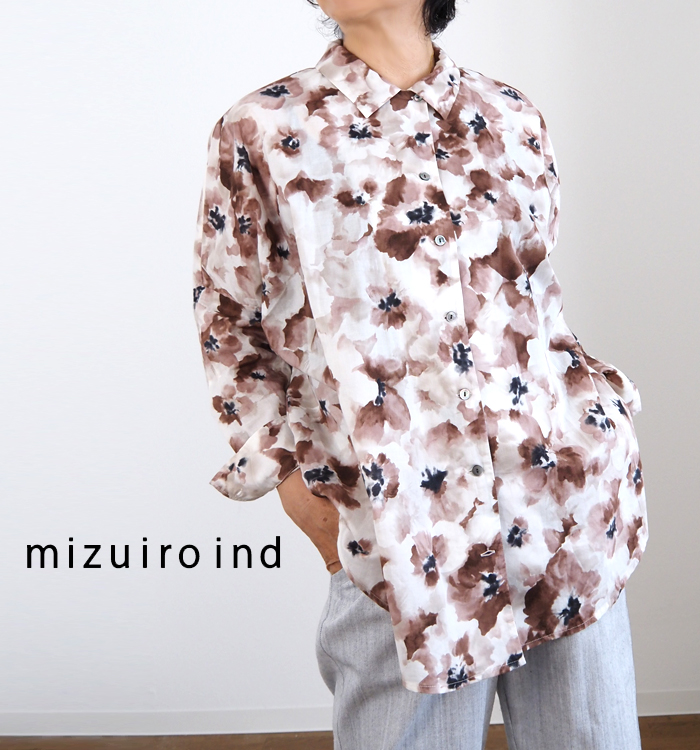 mizuiro ind ミズイロインド スモーキーフラワープリントワイドシャツ